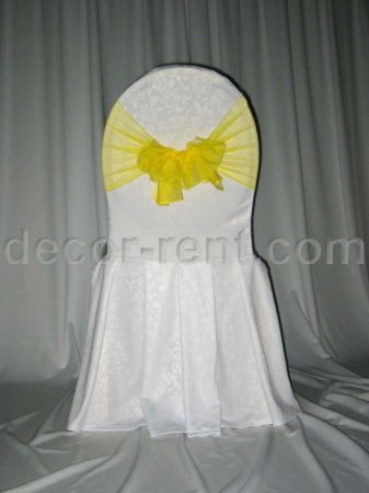 White Damask Banquet Chair Cover & Yellow Mesh Sash White Damask Banquet Chair Cover & Yellow Mesh Sash